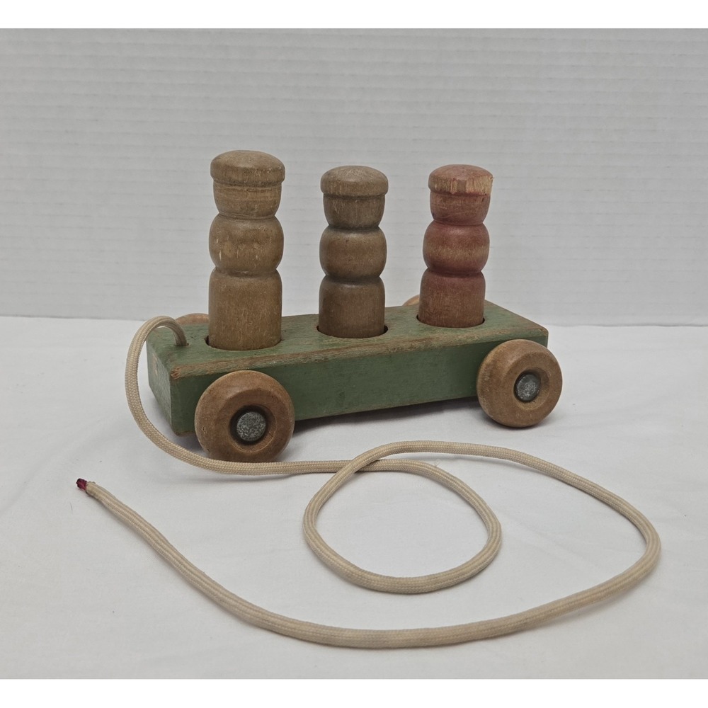 Holgate Wooden Pull Toy with 3 People Pegs, Vintage Kids Learning Original Paint